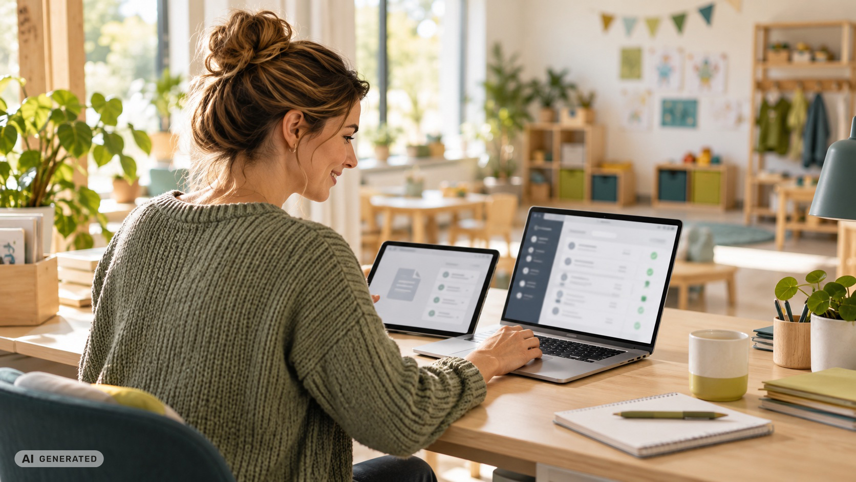 Erzieherin prüft am Laptop den Lesestatus eines digitalen Elternbriefs